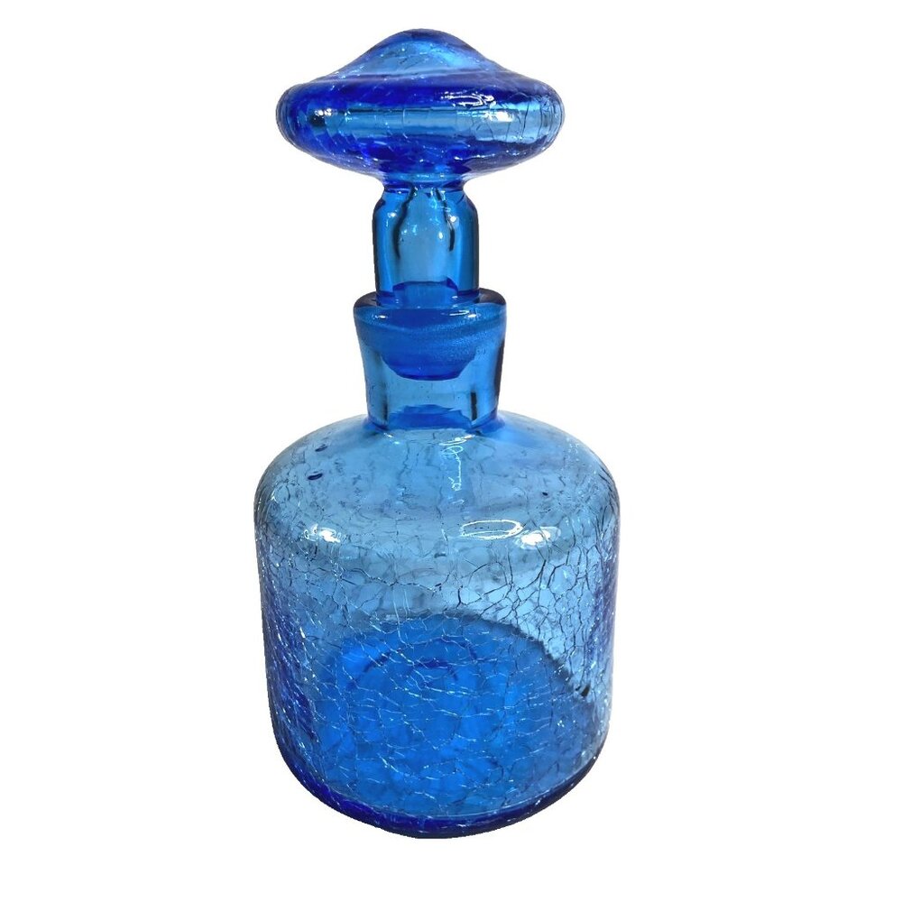 Rainbow Glass Decanter Mushroom Stopper Hand Blown Crackle Glass Blue MCM 7.75